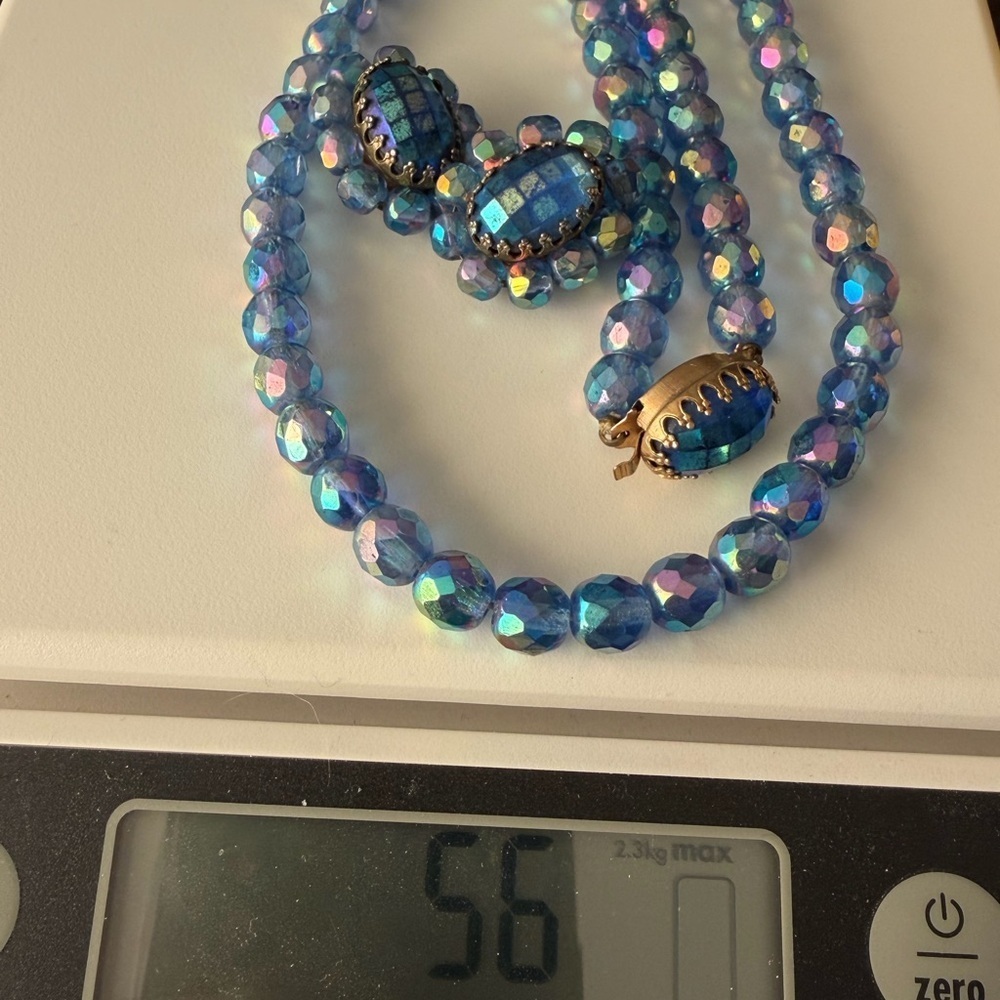 Blue Aurora Borealis Crystal Single Strand Necklace & Clip On Earring Set 1950’s - Picture 2 of 9